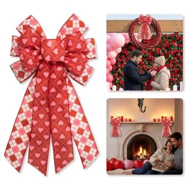 Imagem de Threetols Laço de guirlanda grande para o Dia dos Namorados, laços de coração rosa para grinaldas, laços de serapilheira de diamante vermelho e rosa para porta da frente, arco de árvore para decoração