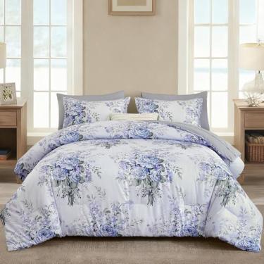 Imagem de Anibedding Conjunto de edredom com 7 peças, azul, floral, cama azul de microfibra macia em uma bolsa, conjunto de edredom com lençol para todas as estações