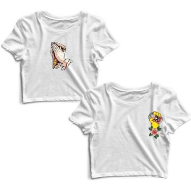 Imagem de Kit 2 Blusas Cropped Tshirt Feminina Mão Pizza e Flor Mão Bebida - Gou