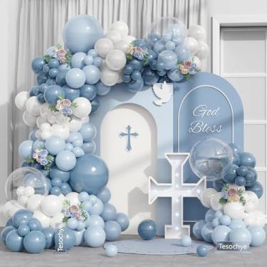 Imagem de Kit de arco de guirlanda de balão azul empoeirado, 143 peças de balões azuis e brancos macaron para decorações de chá de bebê, revelação de gênero, aniversário, festa de casamento, decorações (branco