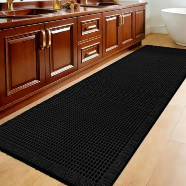 Imagem de Accumtek Tapete de banheiro waffle extragrande, 1,8 m x 5 cm, preto, super absorvente, antiderrapante, secagem rápida, tapetes de banheiro com borlas, laváveis à máquina, ultramacios, tapetes de