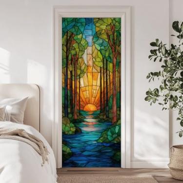Imagem de arricraft 2 adesivos autoadesivos para porta, 80 cm x 199,9 cm 3D vidro paisagem porta murais adesivos PVC papel de parede removível decoração para quartos sala de estar