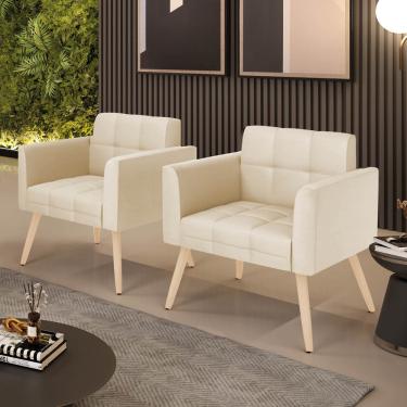 Imagem de Poltrona Sala Decorativa Kit 2 Elisa Pé Palito Natural Sintético PU Bege D03 - D'Rossi