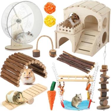 Imagem de VercanMonth Conjunto de 11 acessórios para gaiola de hamster, casa de madeira do Havaí, ponte, roda de exercícios, balanço, brinquedos de mastigar e muito mais, conjunto de brinquedo de hamster de