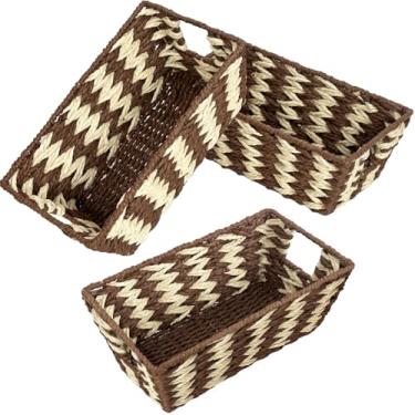 Imagem de Cestas de armazenamento de corda de papel para organização de prateleiras, cesta organizadora pequena de vime tecida à mão com alça para armazenamento de papel higiênico de banheiro, bege e marrom