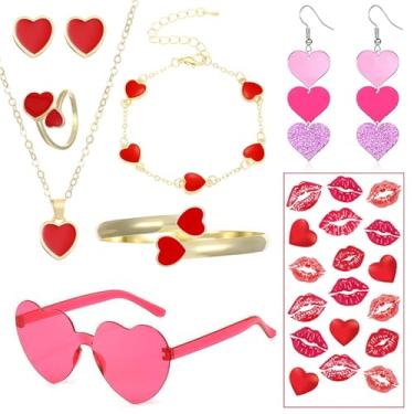 Imagem de QLYOVWE Conjunto de joias de coração de dia dos namorados com óculos de sol, colar, pulseira, brincos, anéis e adesivos de batom, acessórios de fantasia com tema de amor vermelho quente e rosa para