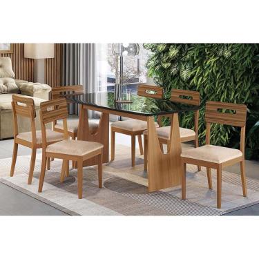 Imagem de Sala Jantar Mesa Mila Premium Madeira Maciça c/ Tampo Madeirado c/ Vidro 170x90cm e 6 Cadeiras Lila Carvalho/Preto - Linho Bege Argila - Kappesberg