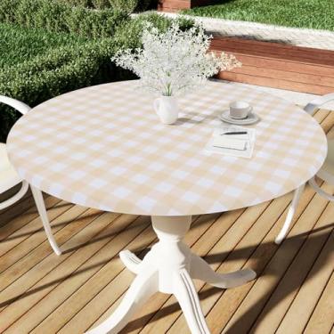 Imagem de Smiry Toalha de mesa redonda de piquenique, toalhas de mesa elásticas à prova d'água de vinil para mesas de 91 a 112 cm, capa de mesa xadrez de búfalo com forro de flanela para jantar, acampamento, ao