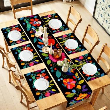 Imagem de Conjunto de 6 corredores de mesa e jogos americanos florais coloridos, corredor de mesa de 33 x 182 cm, jogo americano de 30 x 45 cm, decoração de mesa de primavera vibrante, mesa de cozinha ou mesa