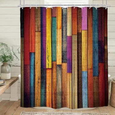 Imagem de Glawry Cortina de chuveiro multicolorida para porta de celeiro rústica colorida fazenda de madeira vintage madeira de celeiro ocidental fazenda de madeira 182 cm L x 182 cm C acessórios de banho arte