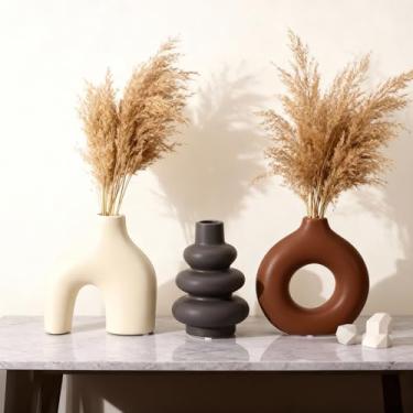 Imagem de Conjunto de vasos de cerâmica com 3 peças, centro de mesa para decoração de casa moderna, vasos nórdicos minimalistas, casamento, sala de estar, estante, escritório, casa moderna, decoração boho de