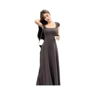 Imagem de Vestido Longo Feminino Cinza Estilo Francês Com Manga Curta E Cintura 
