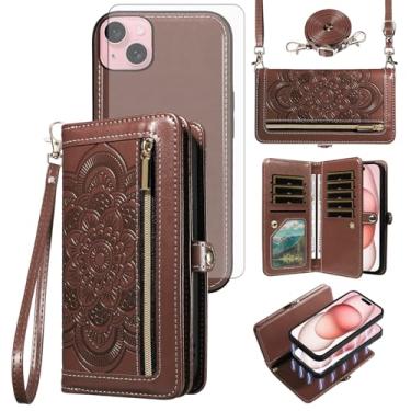Imagem de Asuwish Capa de celular para iPhone 15 15.5 cm carteira com zíper destacável com protetor de tela de vidro temperado alça transversal para pulso mandala flor porta-cartão i Phone15 i15 15 capa