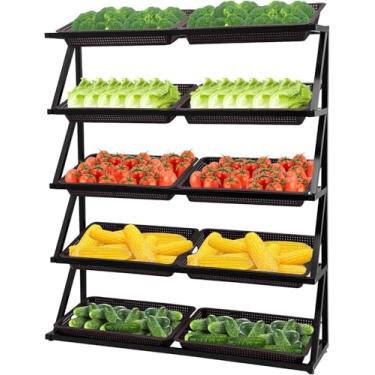 Imagem de Organizador comercial de prateleira de frutas e vegetais de 5 camadas com cestas 8/10 - Rack de exibição de varejo para supermercados e lojas de conveniência - Suporte de exibição de lanche marrom