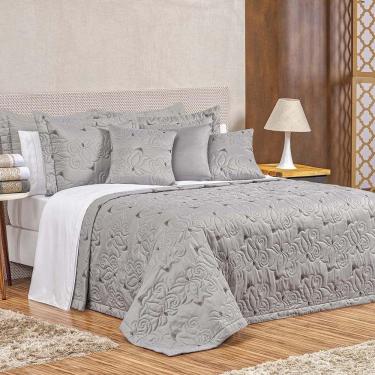 Imagem de Kit Cobre Leito Colcha Marie Queen 3 Peças Bordado Floral 180 Fios - Cinza