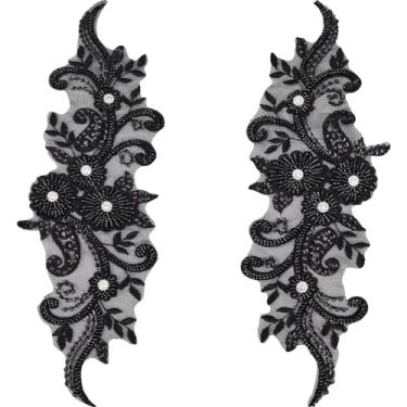 Imagem de GORGECRAFT 2 peças aplique de renda com contas de flor 3D bordado pérola renda nupcial costurar em remendos tule rede floral tecido gaze acabamento em malha para costurar, vestido de casamento,