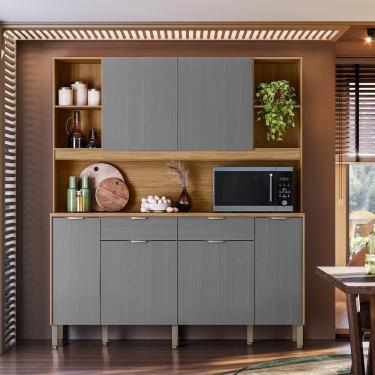 Imagem de Armário De Cozinha Compacto Botanika 6 Portas 2 Gavetas Nicho P/micro-ondas 1,79m - Freijó/gris