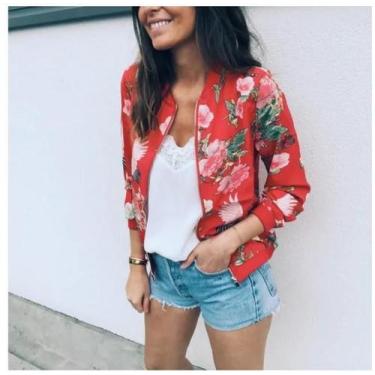Imagem de Jaqueta Bomber Feminina Com Estampa Floral E Zíper, Ajuste Slim Para P