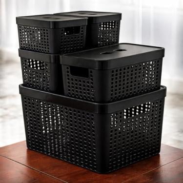 Imagem de Kit 5 Caixas Organizadoras com Tampa Plástico Resistente Multiuso Armário Cozinha Lavanderia (PRETO)