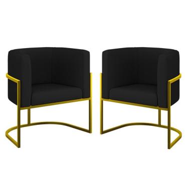 Imagem de Kit 02 Poltronas Lua Sala Decorativa Base Ferro Gold Corino Preto