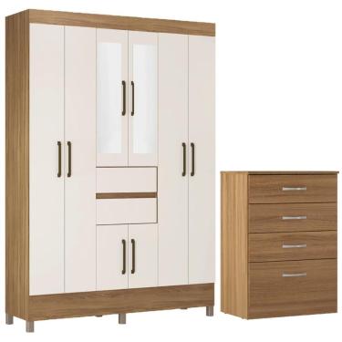 Imagem de Kit Guarda Roupa Casal com Espelho Munique e Cômoda Astral 8 Portas em MDP 162 cm Branco Demóbile