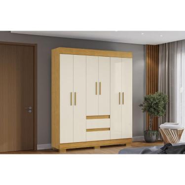 Imagem de Guarda Roupa Solteiro Maya 6 Portas de Bater 2 Gavetas MDF Nature-off White ACP Móveis