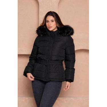 Imagem de Jaqueta Feminina Puffer com Cinto e Capuz Peluciado Forrada COR:PRETOT