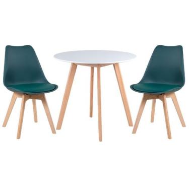 Imagem de Laraz, Kit Mesa redonda Leda 80 cm branco + 2 cadeiras estofadas Leda 