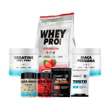 Imagem de Kit Completo 7 Itens Whey 900g Creatina 100 300g Seca Dia e Noite 3 Suplementos Energia...