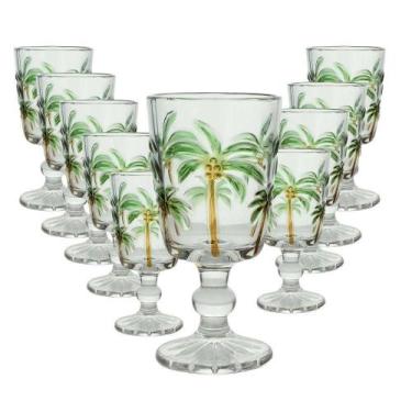 Imagem de Jogo 10 Taças De Vidro Tropical Palm Tree Coqueiro água Transparente L