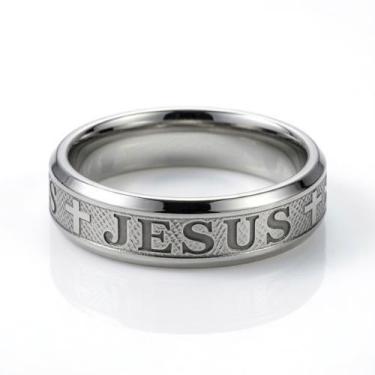 Imagem de Anel Aço Inox 316L Prateado Chanfrado Jesus 6mm Religioso Resistente A