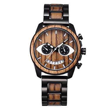 Imagem de Relógio de pulso de madeira para homens, analógico, de quartzo, mostrador de data, leve, feito à mão, pulseira de aço e madeira para homens
