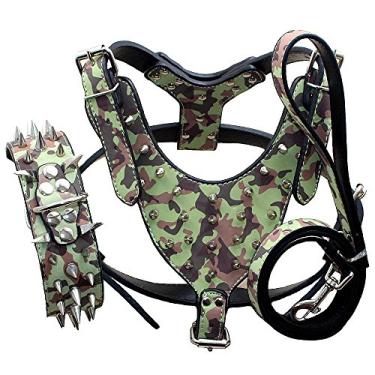 Imagem de Haoyueer Coleiras, arreios e trelas cravejadas afiadas de couro, conjunto de 3 peças combinando para cães médios e grandes Pit Bull, Mastim, Boxer, Bull Terrier