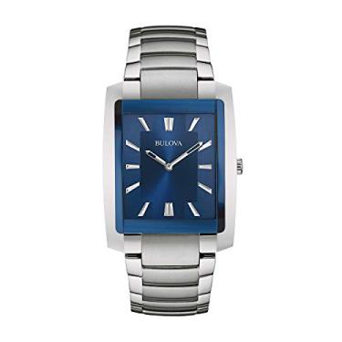 Imagem de Bulova Relógio masculino clássico retangular de quartzo com 2 ponteiros, inoxidável/azul, Pulseira de aço inoxidável retangular de quartzo prateado