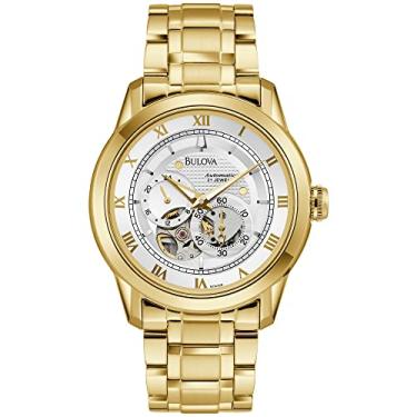 Imagem de Bulova Relógio masculino Sutton de 4 ponteiros com submostrador, cristal mineral curvo duplo, ponteiros luminosos, 42 mm, Tom dourado/mostrador branco prateado, Pulseira clássica de aço inoxidável