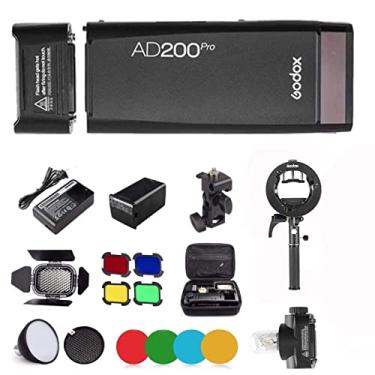 Imagem de Flash estroboscópico Godox AD200 Pro AD200Pro com suporte de suporte Godox S2 200Ws, reciclagem de 0,01-1,8s, bateria de 2900mAh, cabeça de flash Fresnel de lâmpada nua/Speedlite com BD-07, refletor