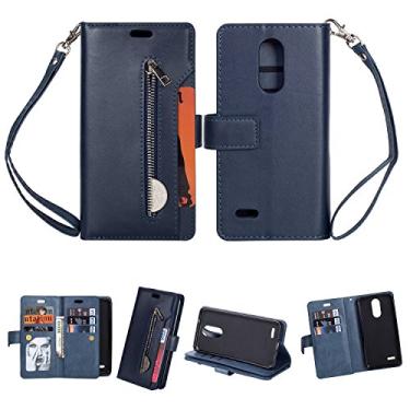 Imagem de Capa para LG K10 2017, carteira de couro PU Folio Flip Case com zíper bolsos para cartão fecho magnético capa protetora à prova de choque com alça de pulso para LG K10 2017 (azul)