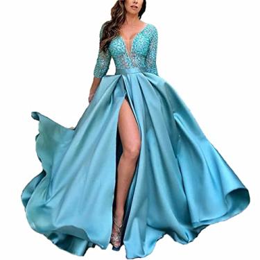 Imagem de Vestido de baile feminino elegante manga longa ocasião formal vestido de noite decote em V franzido colado ao corpo vestido maxi coquetel, azul 1, G (busto: 100 cm)
