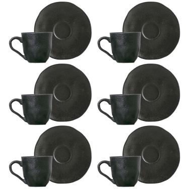 Imagem de Conjunto com 6 Xícaras e Pires para Café Porto Brasil Carbon em Stoneware Preto - 120 ml