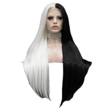 Imagem de Peruca metade branca metade preta, peruca sintética com tela frontal, cabelo de fibra resistente ao calor