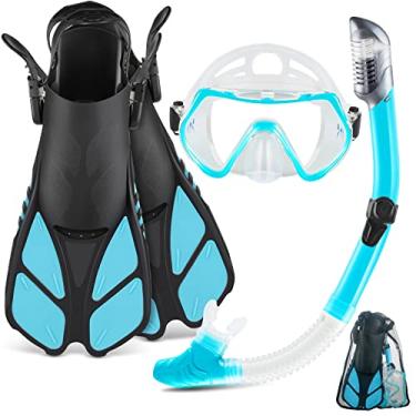 Imagem de ZEEPORTE Conjunto de snorkel de barbatana com equipamento de mergulho para adultos, máscara de mergulho panorâmica, nadadeira de trek, snorkel seco + bolsas de viagem, snorkel para natação de colo