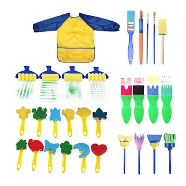 Imagem de CIADAZ 30pcs crianças pincéis pincéis laváveis escova de pintura esponja conjunto com avental para crianças pequenas faça você mesmo primeiros brinquedos de aprendizagem esponjas de dedo tintas materi