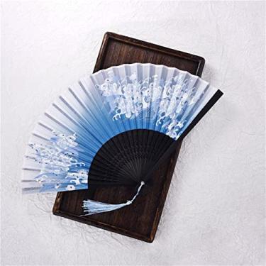 Imagem de Leque dobrável estilo vintage ventilador dobrável de seda padrão chinês japonês arte artesanato presente decoração de casa ornamentos ventilador de mão dança acessórios decorativos feitos à mão (cor: W, tamanho: 38X21cm)