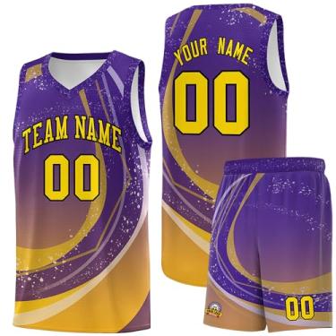 Imagem de Camiseta de basquete personalizada - Número do nome do time personalizado uniforme esportivo para homens mulheres jovens, Roxo e amarelo-83, One Size