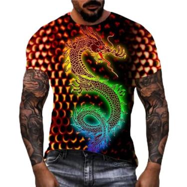 Imagem de Camiseta masculina fashion com estampa animal dragão 3D manga curta gola redonda divertida camiseta gótica, Azul marinho, 3G