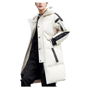 Imagem de Jaqueta masculina acolchoada de comprimento médio, cor bloqueada, quente, casaco casual de inverno, Bege, G