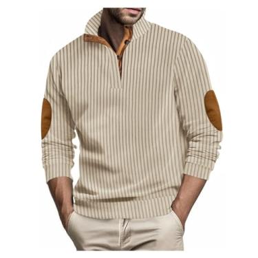 Imagem de Camisa polo masculina com estampa listrada combinando com cores e gola larga e mangas compridas, Cáqui, G