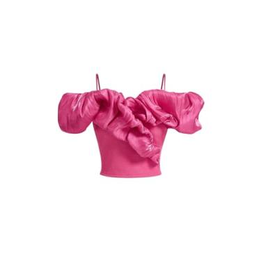 Imagem de BEAUDRM Camiseta feminina de ombro de fora com acabamento de babados e alças finas para festa, Rosa choque, P