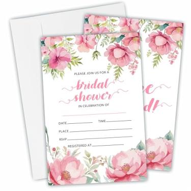 Imagem de 25 cartões de convite de chá de panela com envelopes - floral rosa aquarela - convites de estilo de preenchimento dupla face para recém-casados, casamento e chá de panela, lembrancinhas de festa e