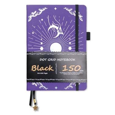 Imagem de BUKE Diário pontilhado - papel preto 150gsm - layout DOT GRID de 5 * 5 mm 160 páginas - Caderno de desenho de capa dura de couro PU tamanho A5 (roxo)